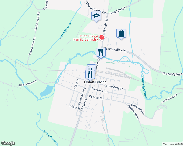 map of restaurants, bars, coffee shops, grocery stores, and more near 33 North Main Street in Union Bridge