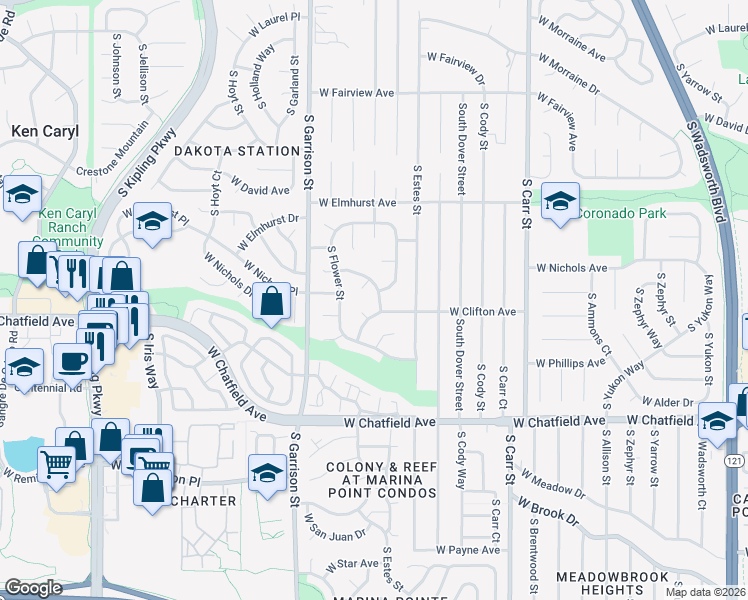 map of restaurants, bars, coffee shops, grocery stores, and more near 8792 West Nichols Drive in Littleton