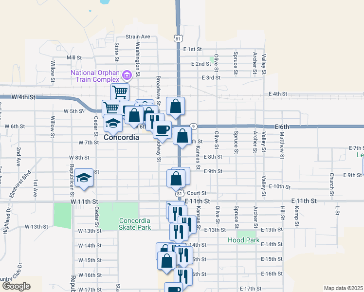map of restaurants, bars, coffee shops, grocery stores, and more near 701 Lincoln Street in Concordia