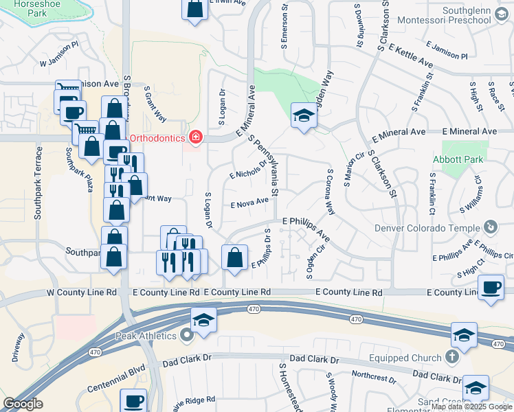 map of restaurants, bars, coffee shops, grocery stores, and more near 8166 South Logan Court in Littleton