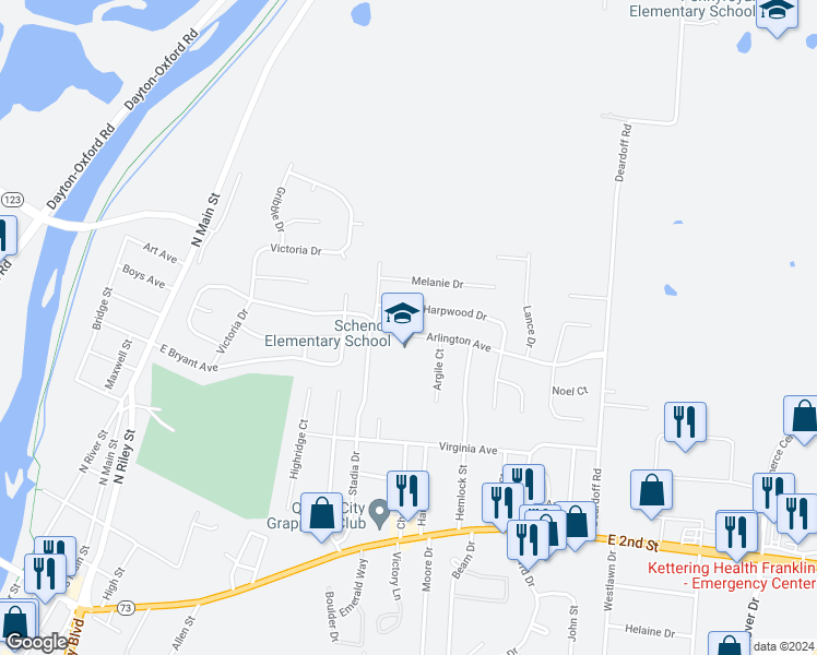map of restaurants, bars, coffee shops, grocery stores, and more near 335 Arlington Avenue in Franklin