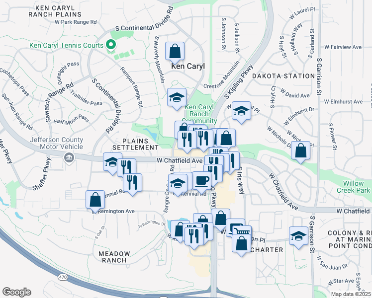 map of restaurants, bars, coffee shops, grocery stores, and more near 10123 West Chatfield Avenue in Littleton