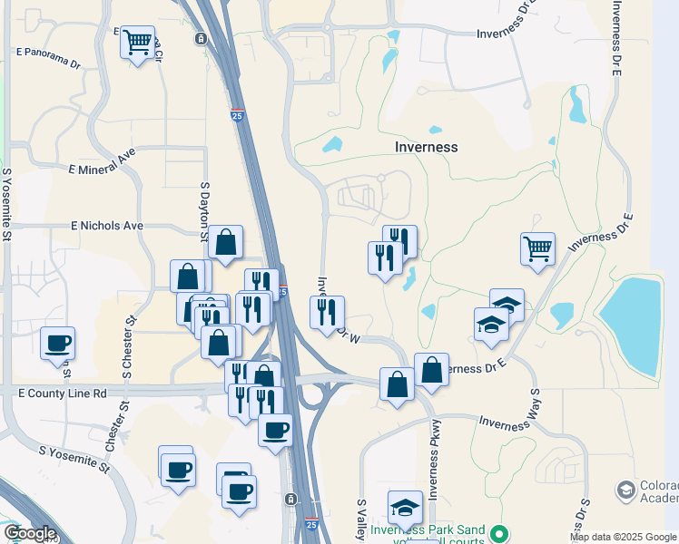 map of restaurants, bars, coffee shops, grocery stores, and more near 188 Inverness Drive West in Englewood
