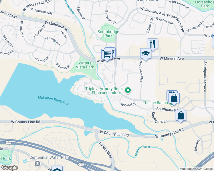map of restaurants, bars, coffee shops, grocery stores, and more near 8334 South Peninsula Drive in Littleton