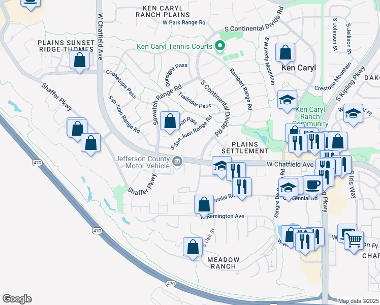 map of restaurants, bars, coffee shops, grocery stores, and more near 8271 South Continental Divide Road in Littleton