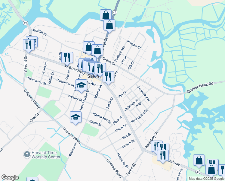 map of restaurants, bars, coffee shops, grocery stores, and more near 251 East Broadway in Salem