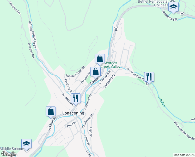 map of restaurants, bars, coffee shops, grocery stores, and more near East Main Street in Lonaconing