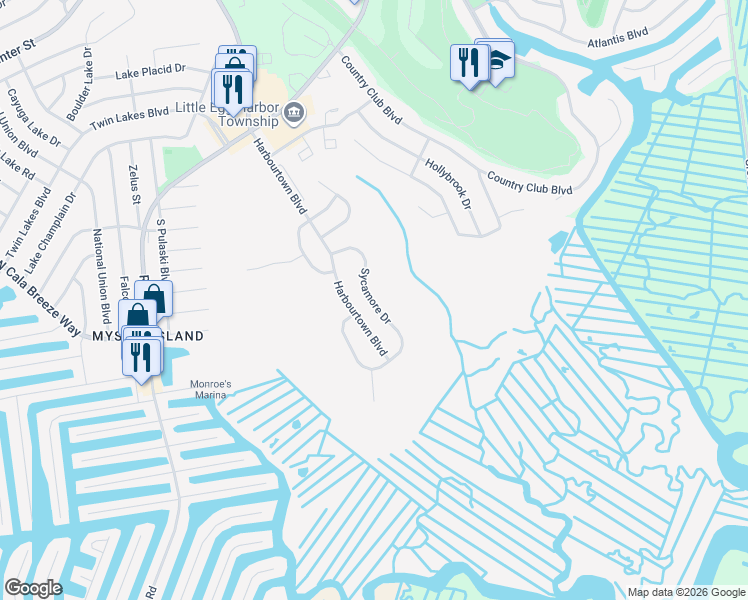 map of restaurants, bars, coffee shops, grocery stores, and more near 325 Harbourtown Boulevard in Ocean County
