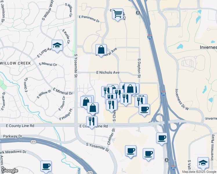 map of restaurants, bars, coffee shops, grocery stores, and more near 8085 South Chester Street in Centennial