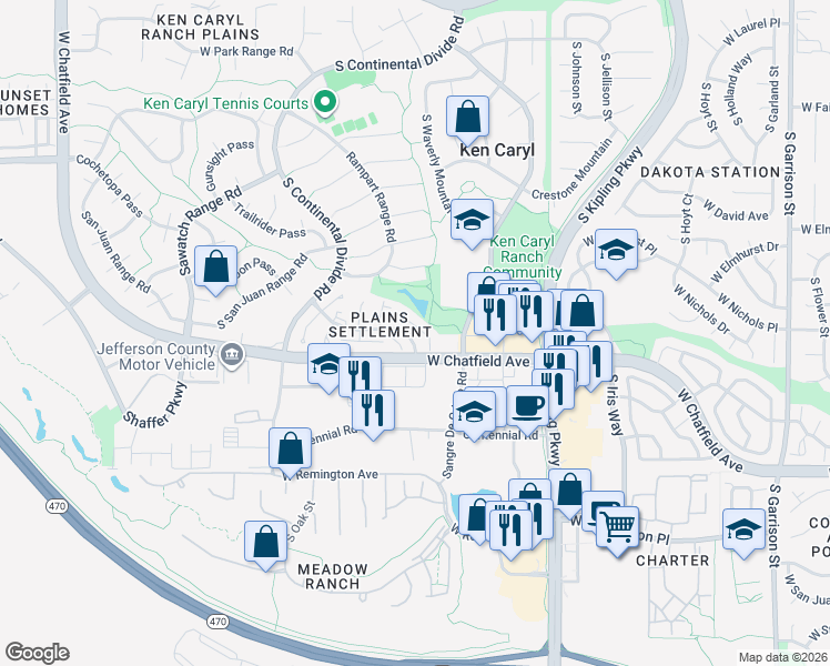 map of restaurants, bars, coffee shops, grocery stores, and more near 10448 Culebra Range Road in Littleton