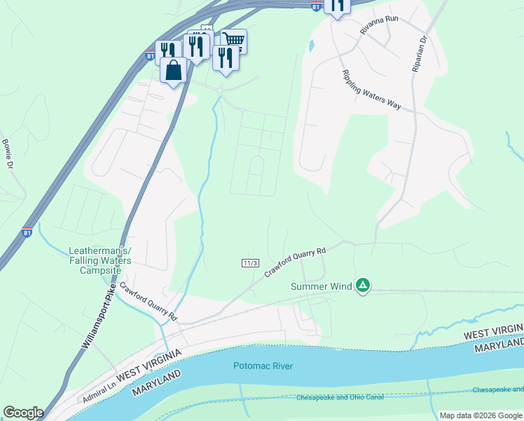 map of restaurants, bars, coffee shops, grocery stores, and more near 639 Crawford Quarry Road in Falling Waters