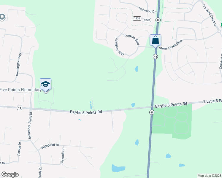 map of restaurants, bars, coffee shops, grocery stores, and more near 1242 East Lytle 5 Points Road in Centerville
