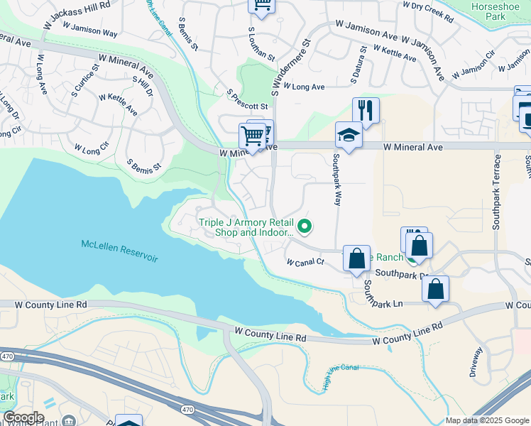map of restaurants, bars, coffee shops, grocery stores, and more near 1681 West Canal Circle in Littleton