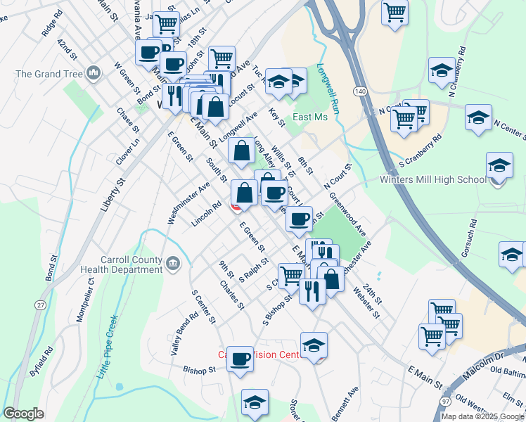 map of restaurants, bars, coffee shops, grocery stores, and more near 182 East Main Street in Westminster