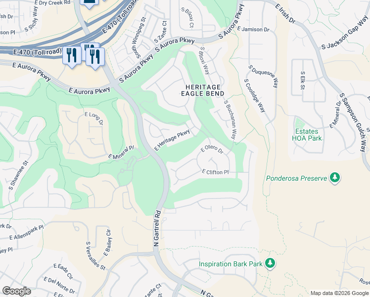 map of restaurants, bars, coffee shops, grocery stores, and more near 23425 East Otero Drive in Aurora