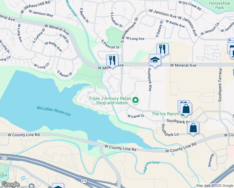map of restaurants, bars, coffee shops, grocery stores, and more near 1681 West Canal Circle in Littleton