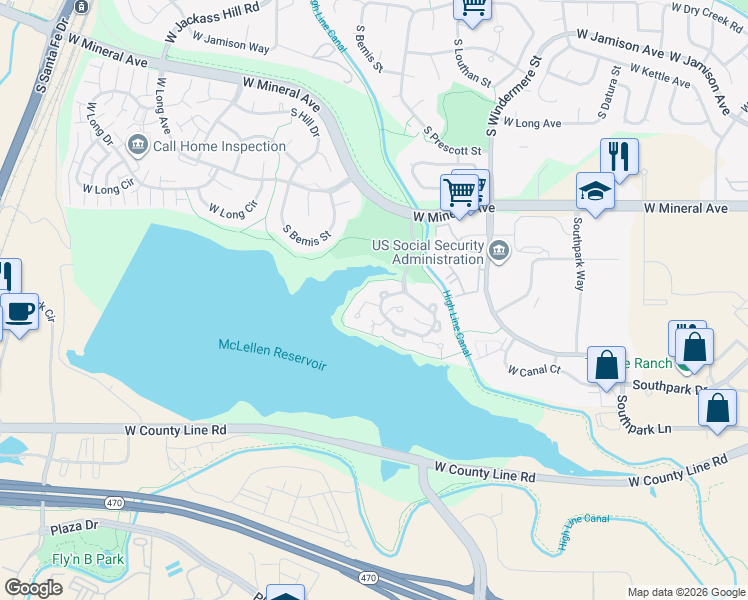 map of restaurants, bars, coffee shops, grocery stores, and more near 1951 West Sanibel Court in Littleton