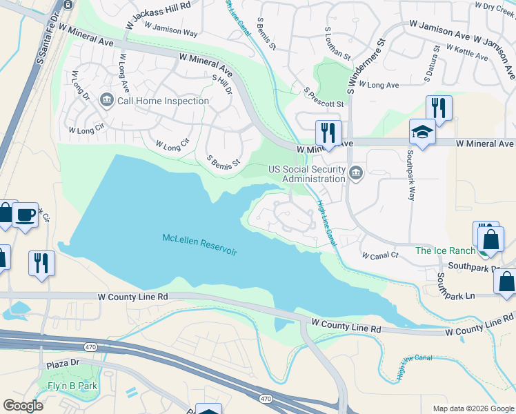 map of restaurants, bars, coffee shops, grocery stores, and more near 2071 West Nantucket Court in Littleton