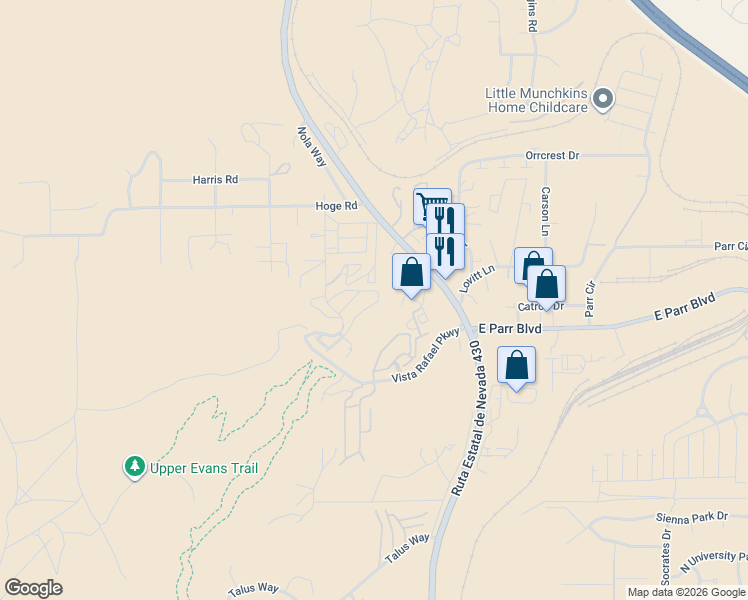 map of restaurants, bars, coffee shops, grocery stores, and more near 4920 Ciarra Kennedy Lane in Reno