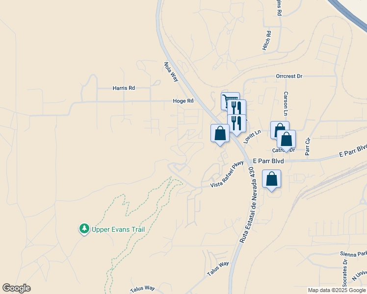 map of restaurants, bars, coffee shops, grocery stores, and more near 595 Logan Jacob Lane in Reno
