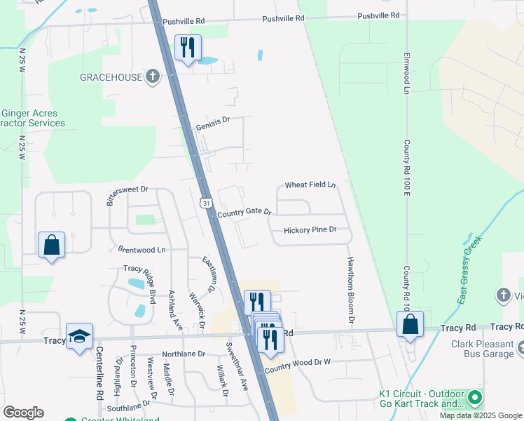 map of restaurants, bars, coffee shops, grocery stores, and more near Country Gate Drive in New Whiteland