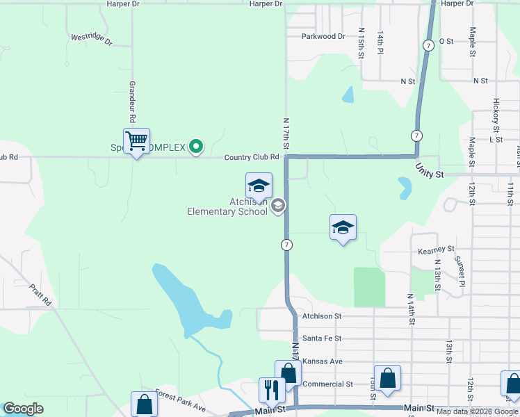 map of restaurants, bars, coffee shops, grocery stores, and more near 825 North 17th Street in Atchison