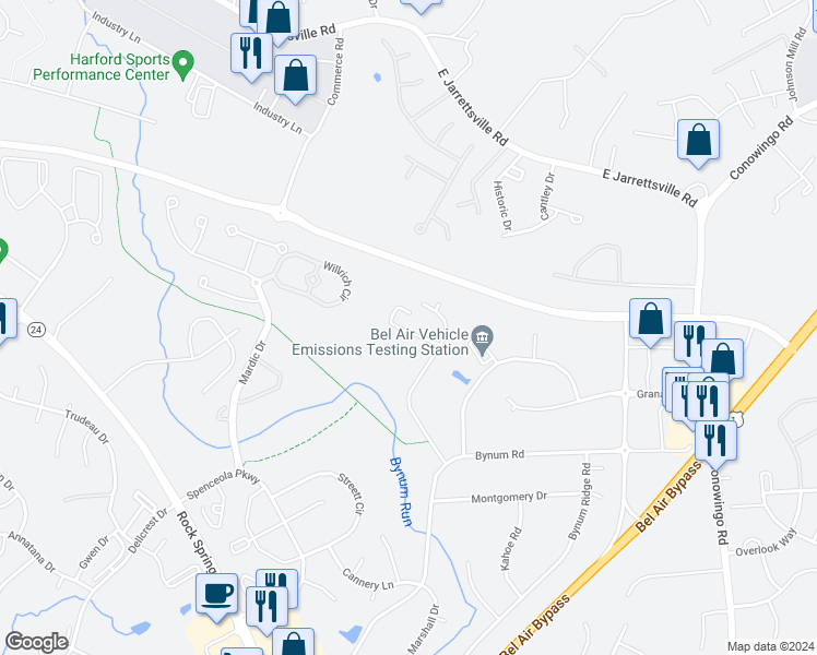 map of restaurants, bars, coffee shops, grocery stores, and more near 218 Aster Lane in Forest Hill
