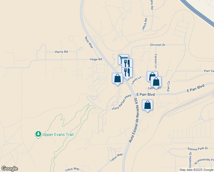map of restaurants, bars, coffee shops, grocery stores, and more near 4920 Ciarra Kennedy Lane in Reno