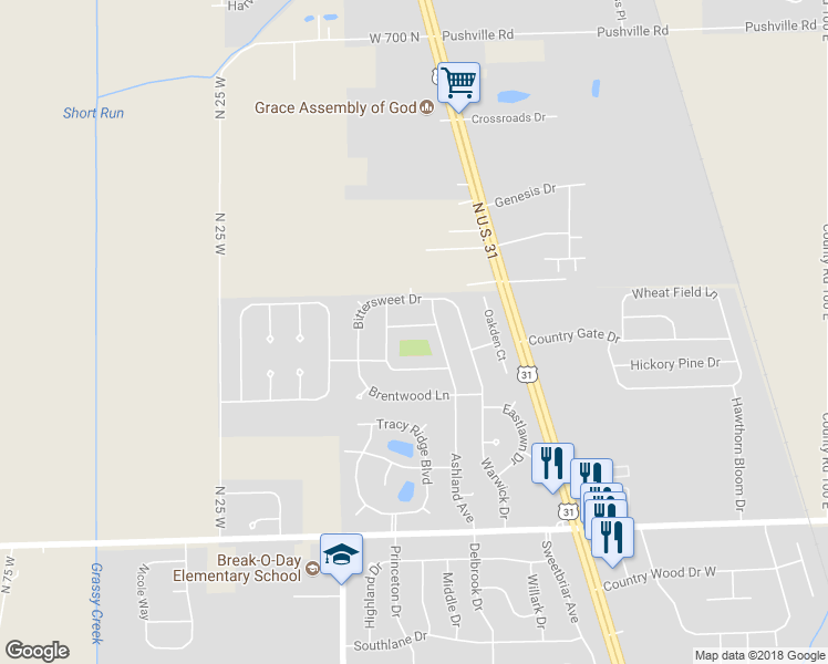 map of restaurants, bars, coffee shops, grocery stores, and more near 279 Winthrop Road in Whiteland