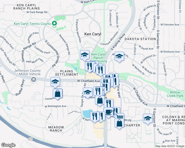 map of restaurants, bars, coffee shops, grocery stores, and more near 10123 West Chatfield Avenue in Littleton