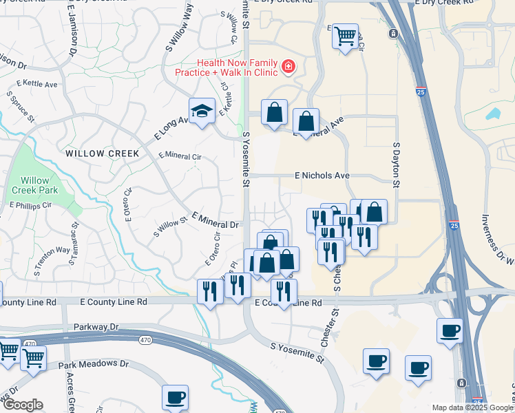 map of restaurants, bars, coffee shops, grocery stores, and more near 8984 East Nichols Place in Centennial