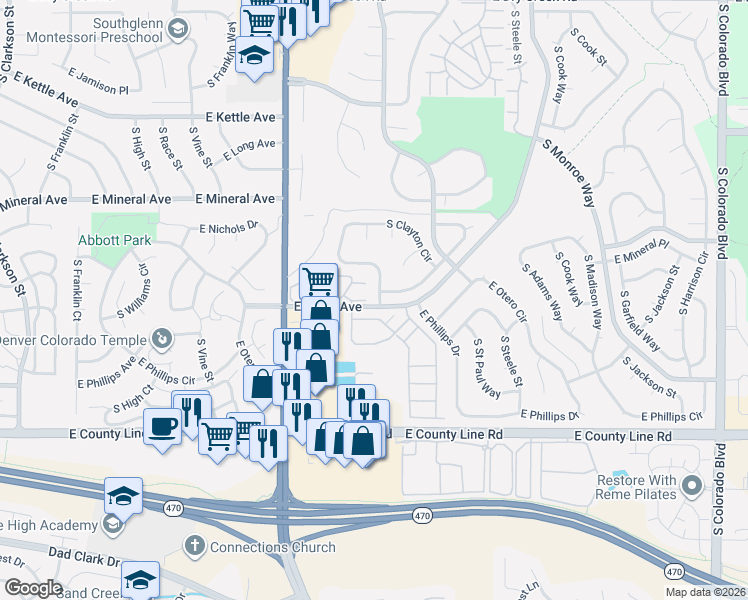 map of restaurants, bars, coffee shops, grocery stores, and more near 2720 East Otero Place in Centennial