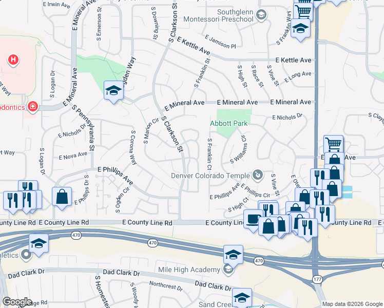 map of restaurants, bars, coffee shops, grocery stores, and more near 8189 South Marion Circle in Centennial