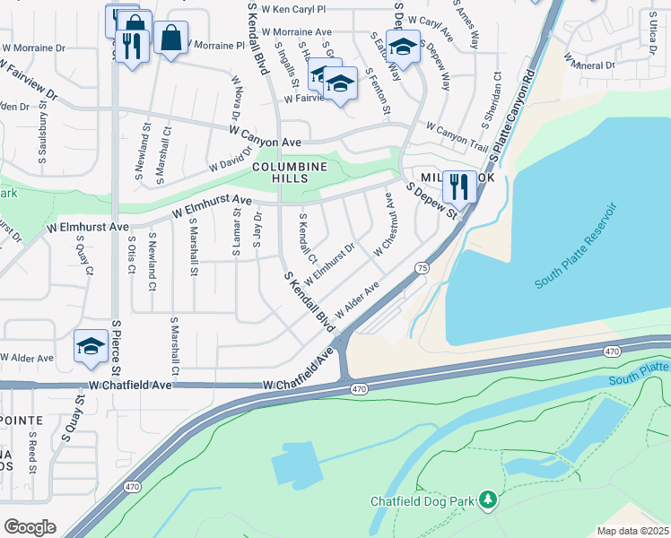 map of restaurants, bars, coffee shops, grocery stores, and more near 5980 West Elmhurst Drive in Littleton