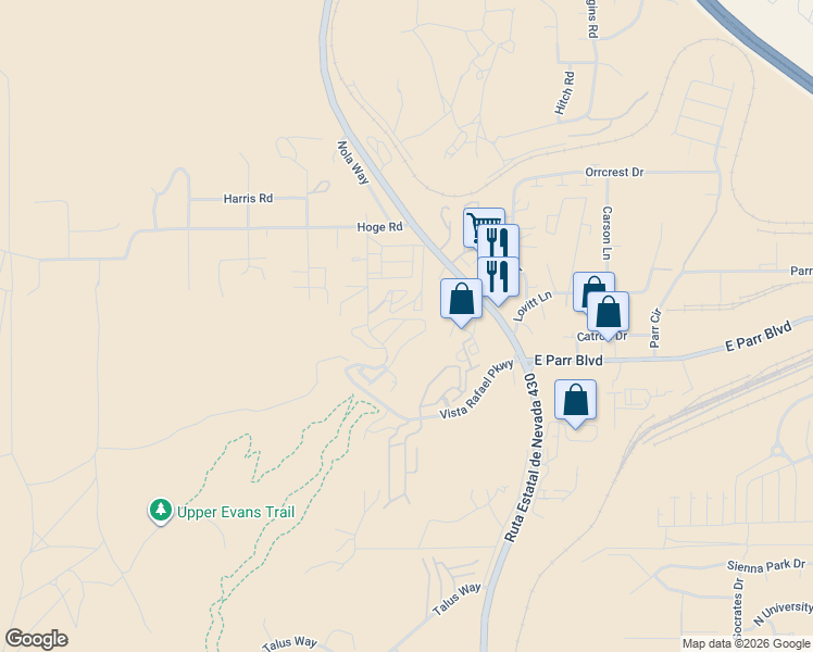 map of restaurants, bars, coffee shops, grocery stores, and more near 4920 Ciarra Kennedy Lane in Reno