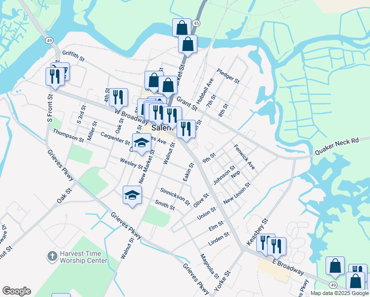 map of restaurants, bars, coffee shops, grocery stores, and more near 251 East Broadway in Salem
