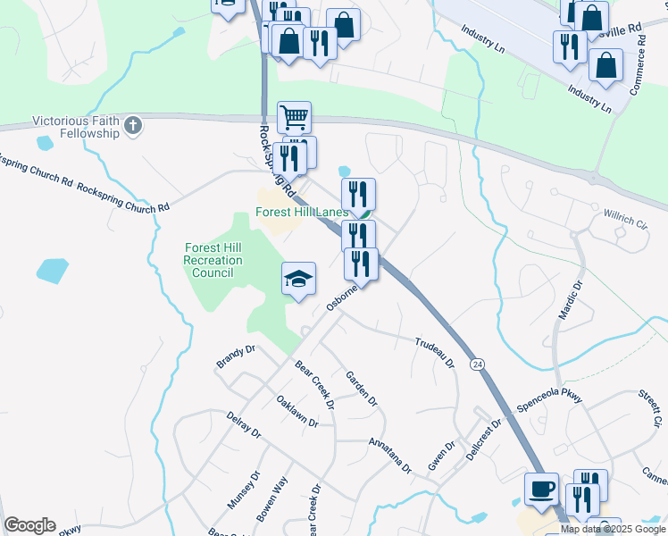 map of restaurants, bars, coffee shops, grocery stores, and more near 50 Osborne Parkway in Bel Air North