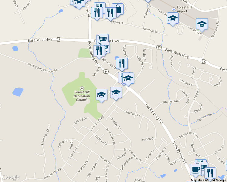 map of restaurants, bars, coffee shops, grocery stores, and more near 50 Osborne Pkwy in Bel Air North