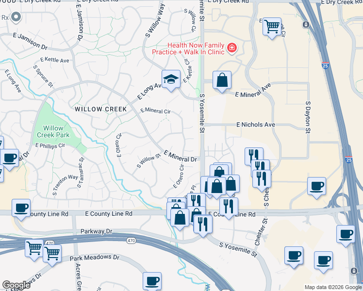 map of restaurants, bars, coffee shops, grocery stores, and more near 8702 East Mineral Circle in Centennial
