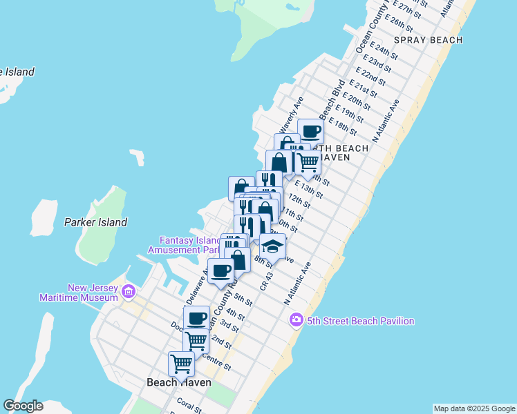 map of restaurants, bars, coffee shops, grocery stores, and more near 320 9th Street in Beach Haven