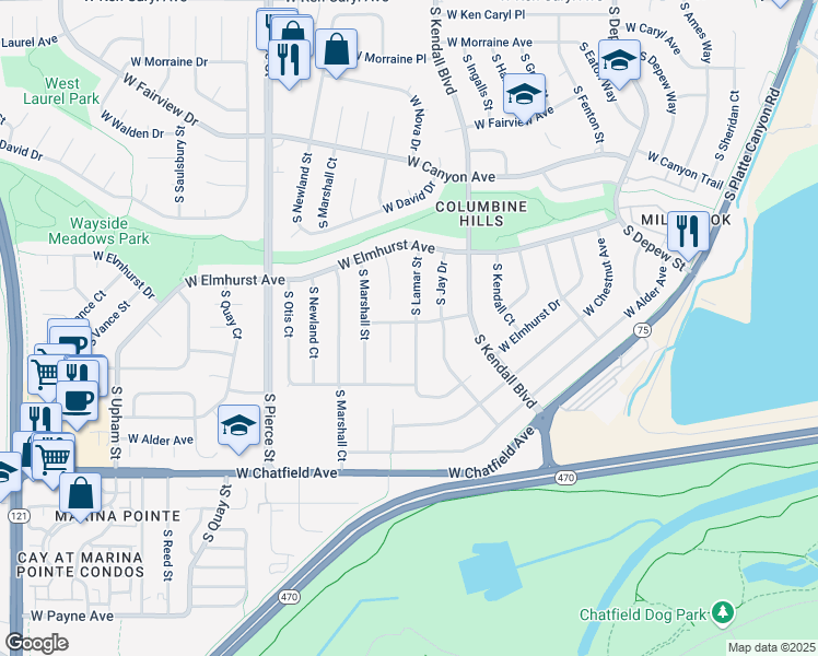 map of restaurants, bars, coffee shops, grocery stores, and more near 8091 South Lamar Street in Littleton