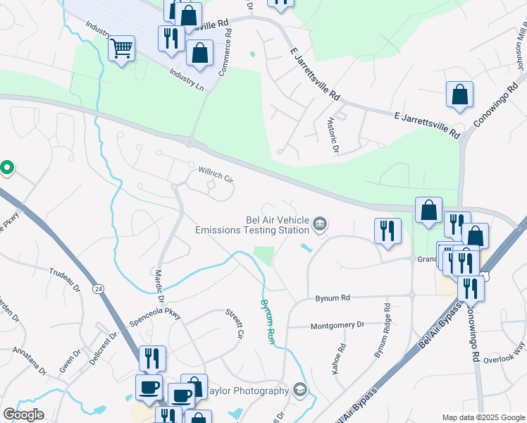 map of restaurants, bars, coffee shops, grocery stores, and more near 2001 Columbine Lane in Forest Hill