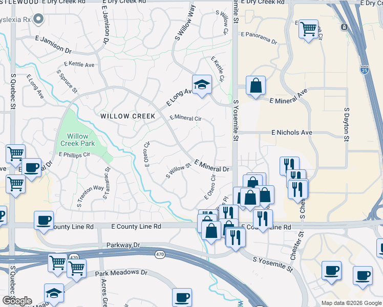 map of restaurants, bars, coffee shops, grocery stores, and more near 8510 East Nichols Avenue in Centennial