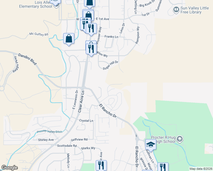 map of restaurants, bars, coffee shops, grocery stores, and more near 4400 El Rancho Drive in Sun Valley