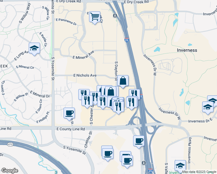 map of restaurants, bars, coffee shops, grocery stores, and more near 8000 South Chester Street in Centennial