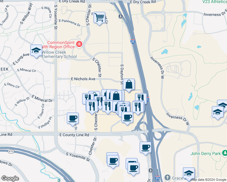 map of restaurants, bars, coffee shops, grocery stores, and more near 8000 South Chester Street in Centennial