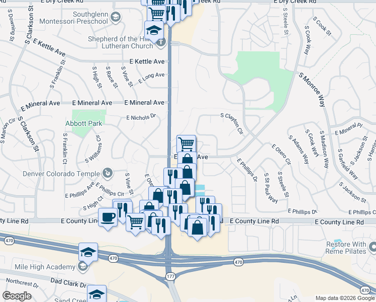map of restaurants, bars, coffee shops, grocery stores, and more near 8074 South Columbine Court in Centennial