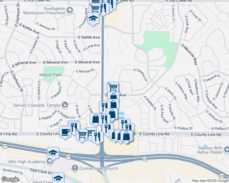 map of restaurants, bars, coffee shops, grocery stores, and more near 8074 South Columbine Court in Centennial