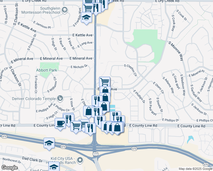 map of restaurants, bars, coffee shops, grocery stores, and more near 2660 East Otero Place in Centennial