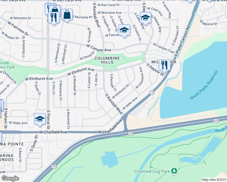 map of restaurants, bars, coffee shops, grocery stores, and more near 5980 West Elmhurst Drive in Littleton